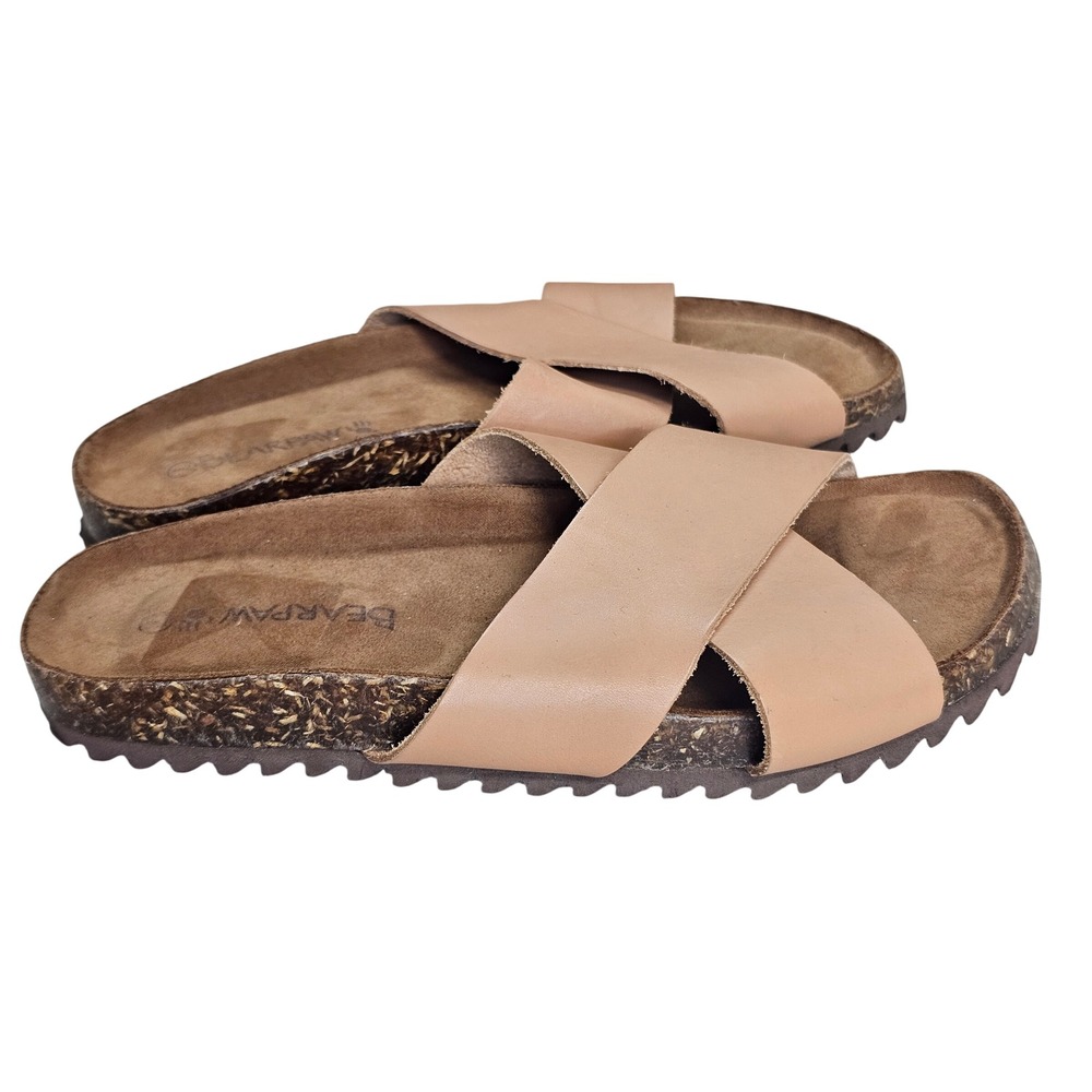 Bearpaw Womens Tan Leather Crisscross Slide Sandals Cork Footbed Size 7